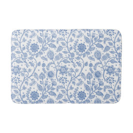 Blue and White Floral Pattern Botanical Whimsical バスマット
