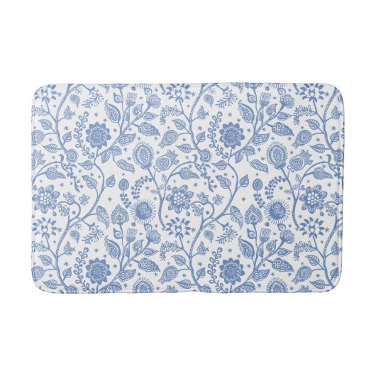 Blue and White Floral Pattern Botanical Whimsical バスマット (正面)
