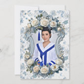 Blue and White Floral Photo Graduation Invitation 招待状 (正面)