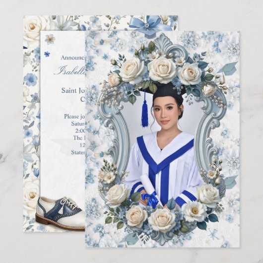 Blue and White Floral Photo Graduation Invitation 招待状 (正面/裏面)