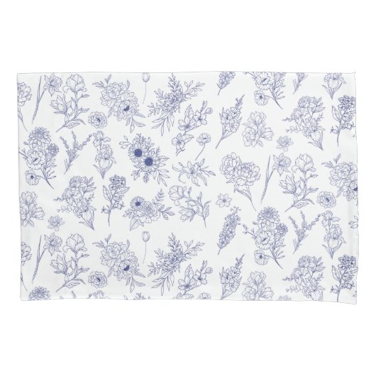 Blue and White Floral Pillowcase 枕カバー (正面左)