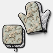 Blue and white floral shabby chic 鍋つかみ&鍋敷きセット (正面/裏面)