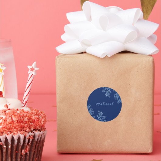 Blue and White Floral Stickers ラウンドシール (パーティー)