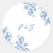 Blue and White Floral Stickers ラウンドシール (正面)