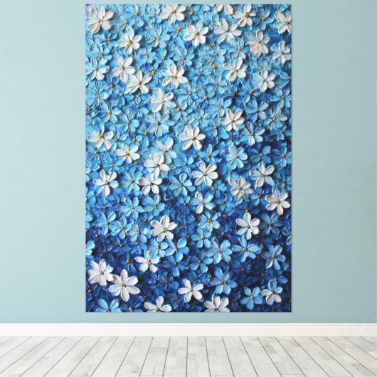 Blue and White Floral Textured Abstract Wall Art キャンバスプリント (インサイチュ (ウッドフロア))