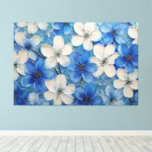 Blue and White Floral Textured Painting – Abstract キャンバスプリント (インサイチュ (ウッドフロア))