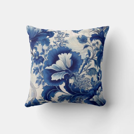 Blue and white floral throw pillow クッション (裏面)