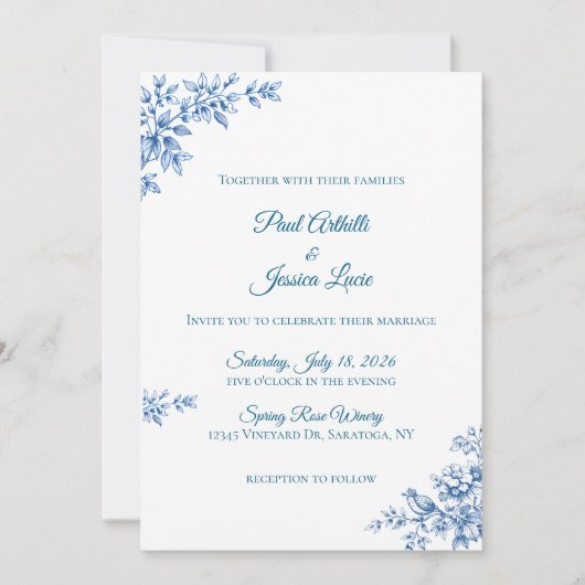 Blue and White Floral Wedding Invitation 招待状 (正面)