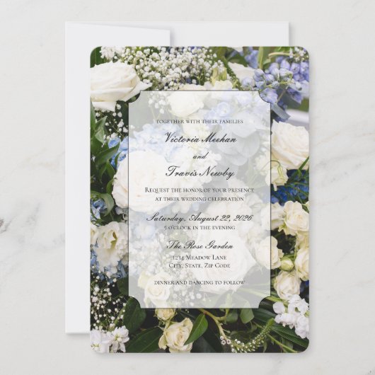 blue and white floral wedding invitation 招待状 (正面)