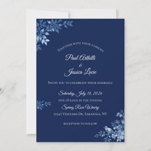 Blue and White Floral Wedding Invitation 招待状 (正面)