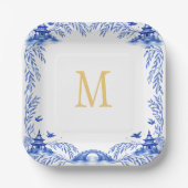 Blue and White Floral Willow Tile Monogram ペーパープレート (正面)