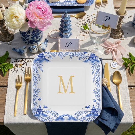 Blue and White Floral Willow Tile Monogram ペーパープレート