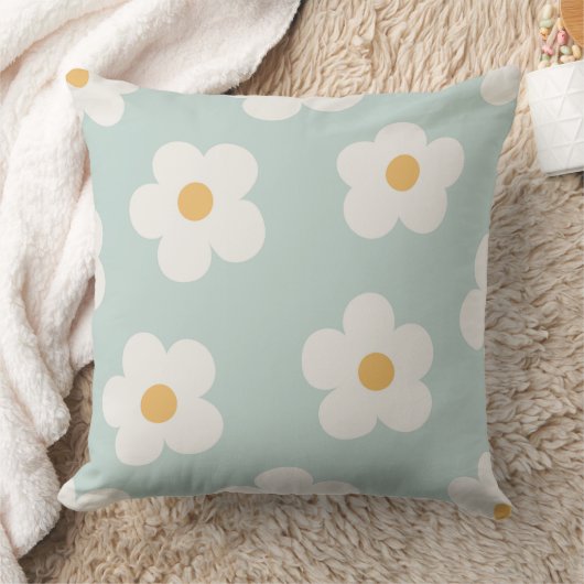 Blue and White Flower Pattern Daisy Throw Pillow クッション (ブランケット)