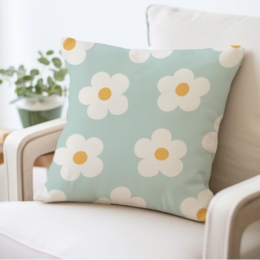 Blue and White Flower Pattern Daisy Throw Pillow クッション