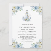 Blue and White Flowers Anchor Nautical Wedding 招待状 (正面)