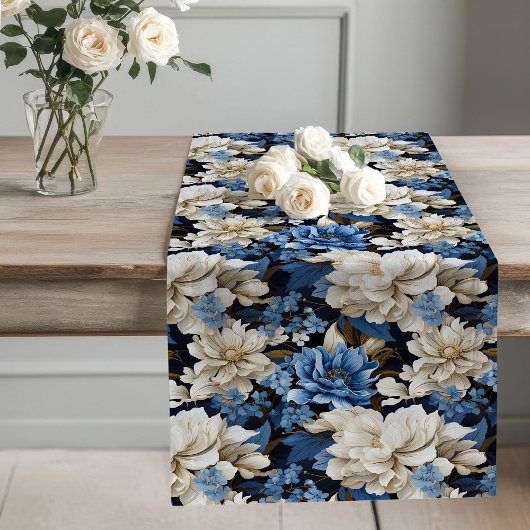 Blue and white flowers chic modern home decor ロングテーブルランナー