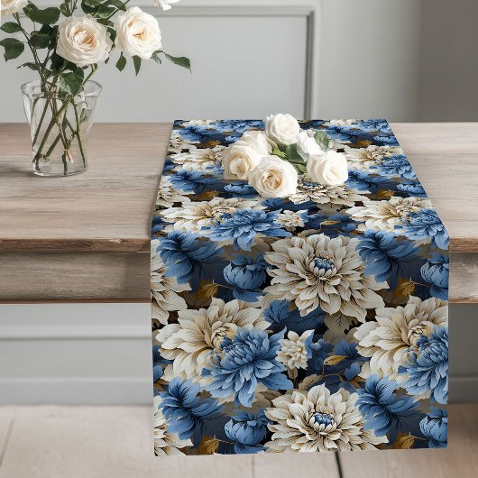 Blue and White Flowers Chic Table Runner ロングテーブルランナー
