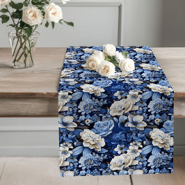 Blue and White Flowers Elegant Table Runner ロングテーブルランナー