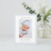 Blue and white Gingham Baby Boy Birth Announcement ポストカード (スタンド正面)