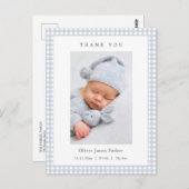 Blue and white Gingham Baby Boy Birth Announcement ポストカード (正面/裏面)