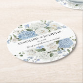Blue and White Hydrangeas and Roses Floral Wedding ラウンドペーパーコースター (アングル)
