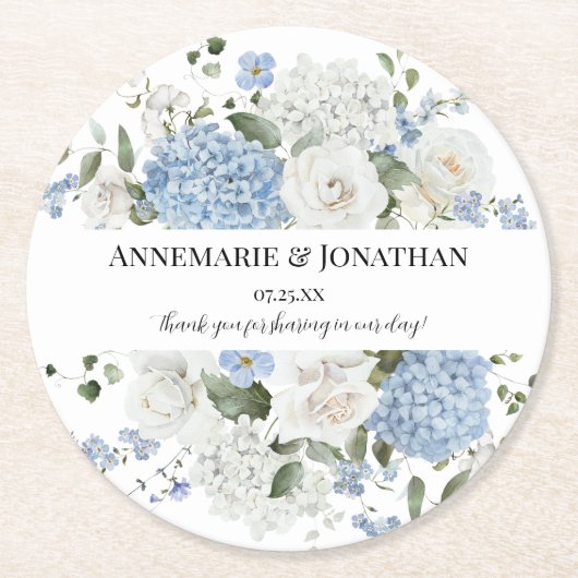 Blue and White Hydrangeas and Roses Floral Wedding ラウンドペーパーコースター (正面)