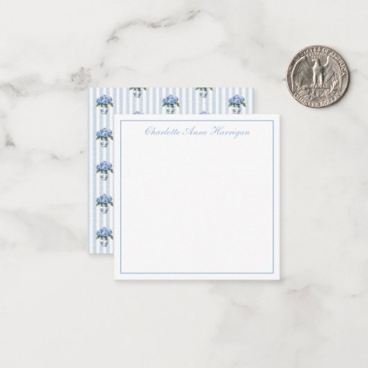 Blue and White Hydrangeas on Stripes ノートカード (正面/裏面インサイチュ)