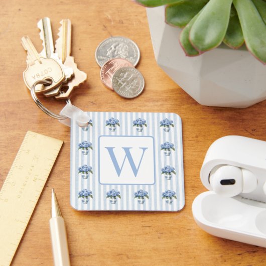Blue and White Hydrangeas on Stripes Monogram キーホルダー (デスク)