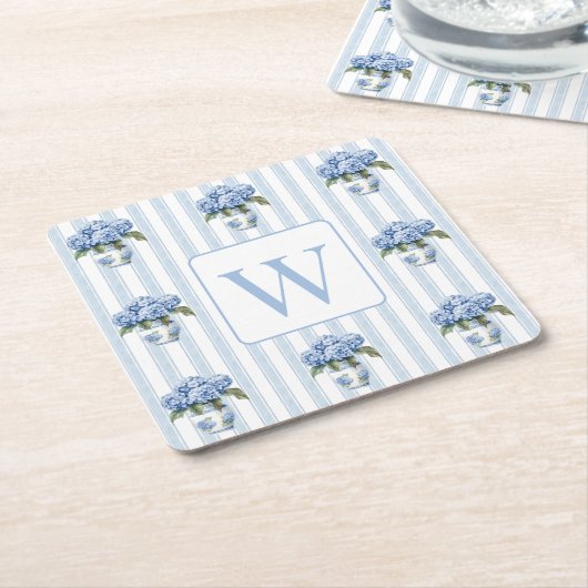 Blue and White Hydrangeas on Stripes Monogram スクエアペーパーコースター (アングル)