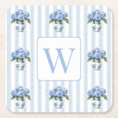 Blue and White Hydrangeas on Stripes Monogram スクエアペーパーコースター (正面)
