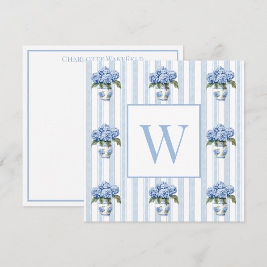 Blue and White Hydrangeas on Stripes Monogram ノートカード (正面/裏面)