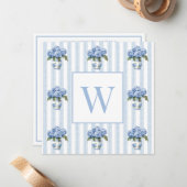 Blue and White Hydrangeas on Stripes Monogram ノートカード (正面/裏面インサイチュ)