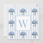 Blue and White Hydrangeas on Stripes Monogram ノートカード (正面)