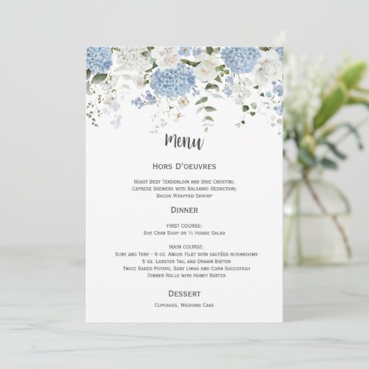 Blue and White Hydrangeas White Roses Wedding Menu 招待状 (スタンド正面)