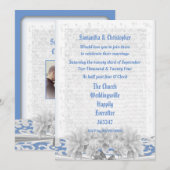 Blue and white lace wedding photo invitation 招待状 (正面/裏面)