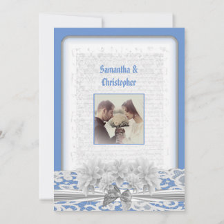 Blue and white lace wedding photo invitation 招待状