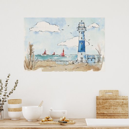 Blue and White Lighthouse ポスター (キッチン)