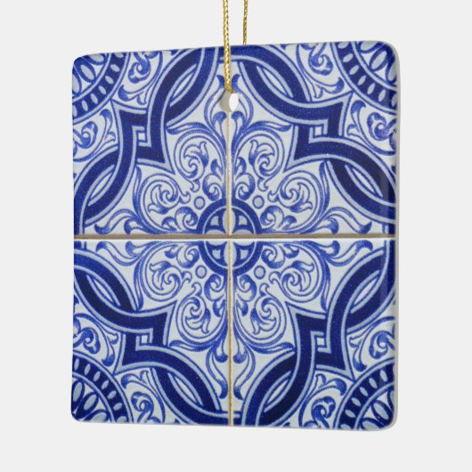 Blue and White Mediterranean Azulejo Tile Pattern セラミックオーナメント (左)