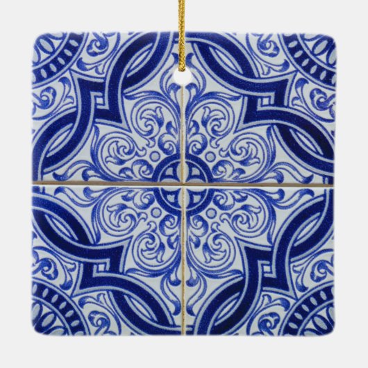 Blue and White Mediterranean Azulejo Tile Pattern セラミックオーナメント (裏面)