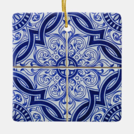 Blue and White Mediterranean Azulejo Tile Pattern セラミックオーナメント (正面)