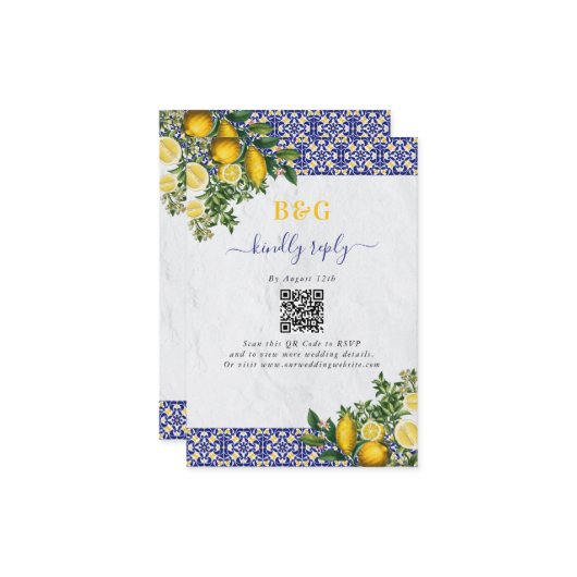 Blue and White Mediterranean Tile and Lemon Weddin エンクロージャーカード (正面/裏面インサイチュ)