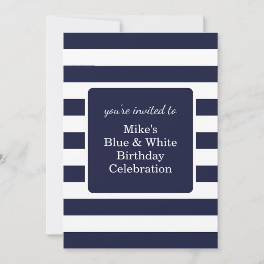 Blue and White Mens Birthday Party  招待状 (正面)