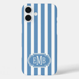 Blue and White Monogrammed Stripes iPhone 16 Plusケース
