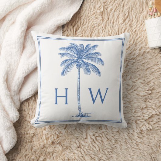 Blue and White Palm Palmetto Tree Monogram クッション (ブランケット)