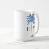 Blue and White Palm Palmetto Tree Monogram コーヒーマグカップ (正面右)