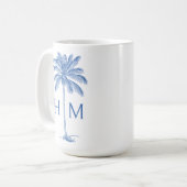 Blue and White Palm Palmetto Tree Monogram コーヒーマグカップ (正面左)