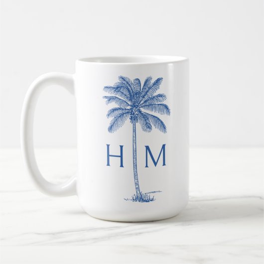 Blue and White Palm Palmetto Tree Monogram コーヒーマグカップ (左)