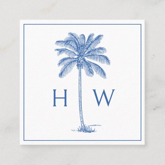 Blue and White Palm Palmetto Tree Monogram スクエア名刺 (正面)