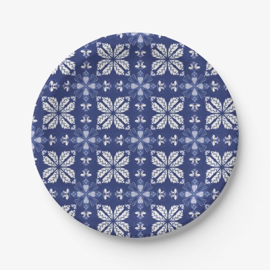 Blue and white paper plate with intricate floral ペーパープレート (正面)