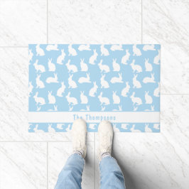 Blue And White Pattern Of Bunnies With A Name ドアマット